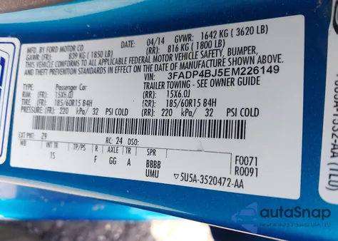 2014 Ford Fiesta Se z USA, uszkodzony, nr VIN 3FADP4BJ5EM226149